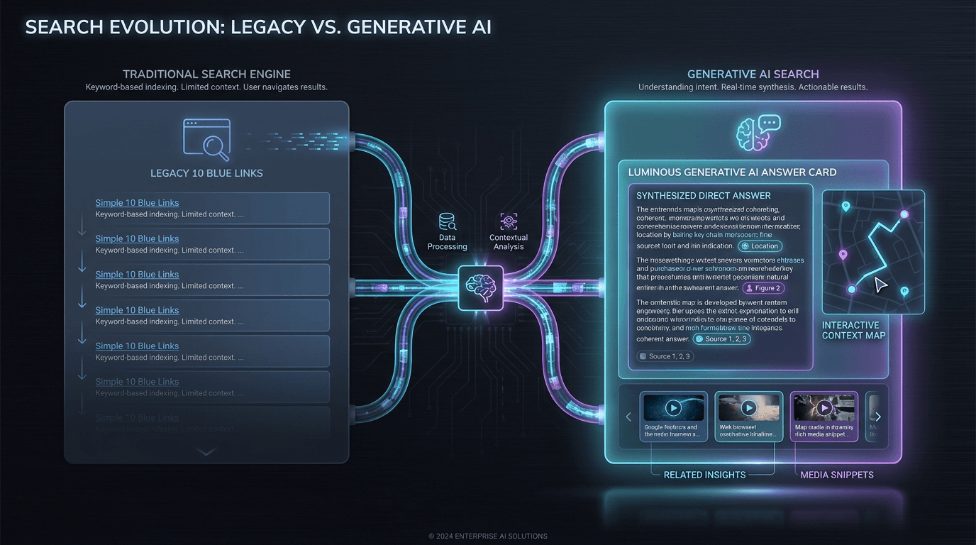 Technical comparison infographic showing traditional search engine legacy 10 blue links fading to generative AI synthesized answer